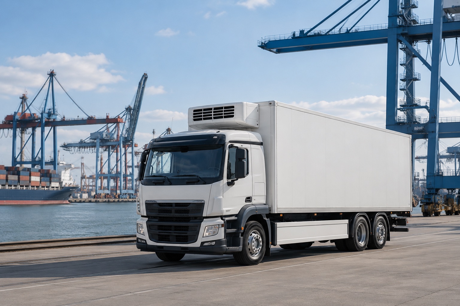 Weißer Kühl-Lkw im Hafen