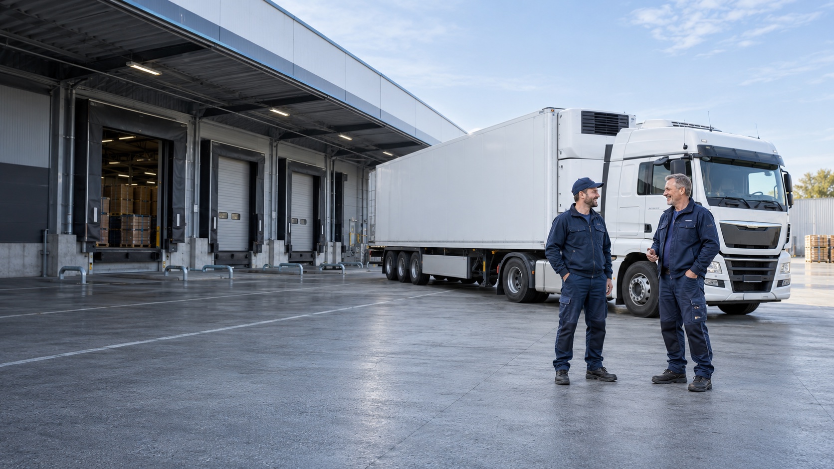 Zwei lächelnde Lkw-Fahrer in Arbeitskleidung auf einem Logistikhof