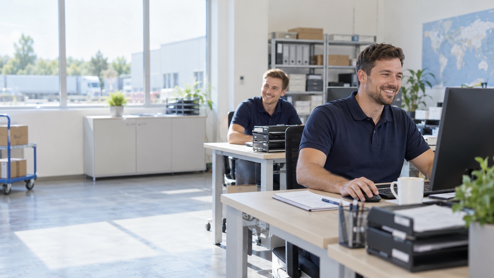 Mitarbeiter an ihren Arbeitsplätzen in einem hellen Büro