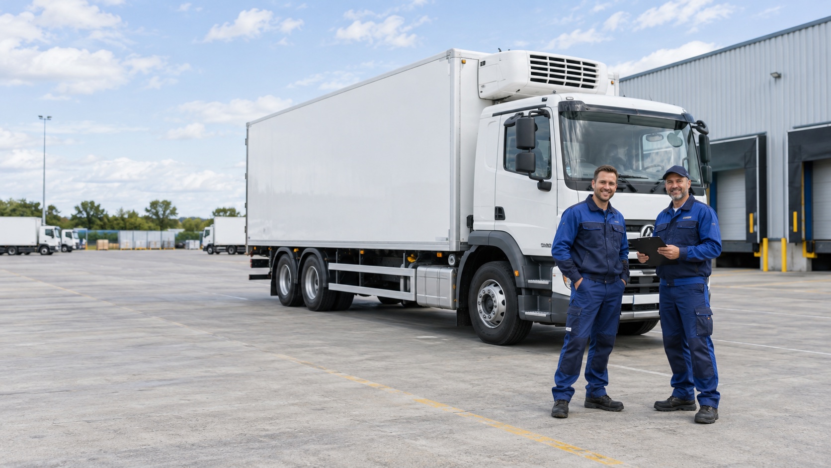 Zwei lächelnde Lkw-Fahrer neben einem weißen Kühl-Lkw